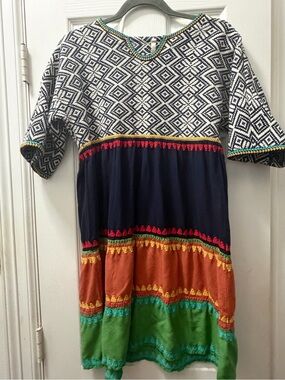 Uncle Frank Navy, Orange & Green Patterned Casual Dress